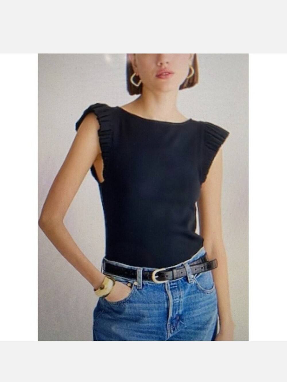 J.Crew Vintage rib ruffle boatneck tank top Navy Blue Ribbed large nautical